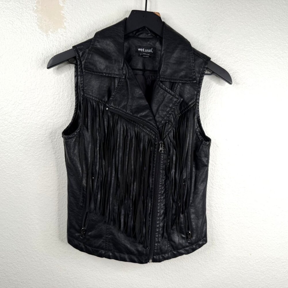 Wet Seal Faux Leather Grunge Punk Rock Biker Fringe Vest Black Size S